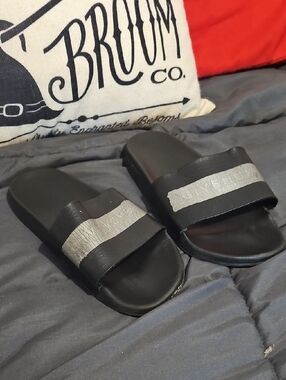 Givenchy Paris Black Slip-On Slides with Silver Stripe Size 11